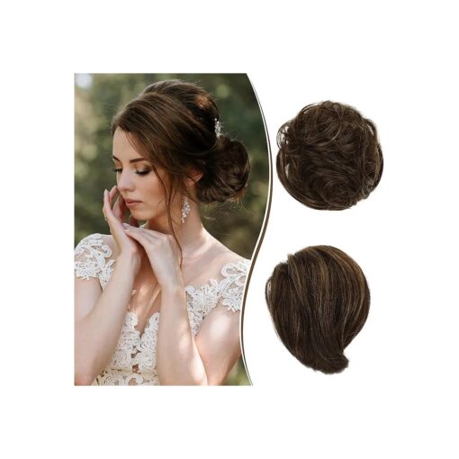 RUWISS Long Thin Straight Tousled Updo Bun Real Human Hair Elegant Hair Pieces Hair Bun Long Scrunchie Extension for Women 25g ( Brown Mixed )