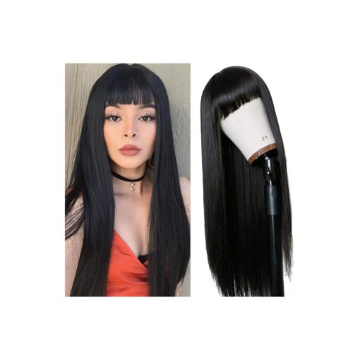 Long Straight Remy Hair Wigs Natural Black Heat Resistant Fiber Hair Full Machine Wig with Bangs Cosplay Party Wig For Fashion Women ( 24 Inches Natural Black Hair )