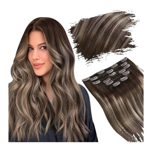 Ugeat Clip in Hair Extensions Human Hair Balayage Dark Brown Ombre Ash Brown Hair Extensions Real Human Hair Clip ins 16 Inch 7pcs 120g ( 105g Hair+15g Clips )