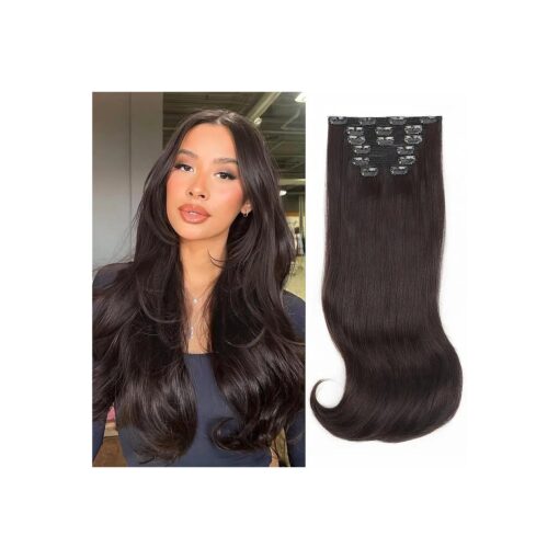 ALXNAN Clip in Hair Extension, 7PCS Hair Extension Thick Long Stright Layered Hair Extensions Dark Brown 20 Inch Soft Lace Weft Hair Extensions for Women