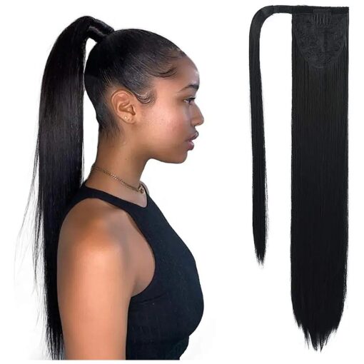 SEIKEA Clip in Ponytail Extension Wrap Around Long Straight Pony Tail Hair 28 Inch Synthetic Hairpiece - Black