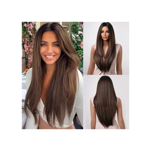 Allbell Brown Wigs for Women Long Straight Layered Natural Hair Wig with Dark Brown Roots Middle Part Synthetic Wig