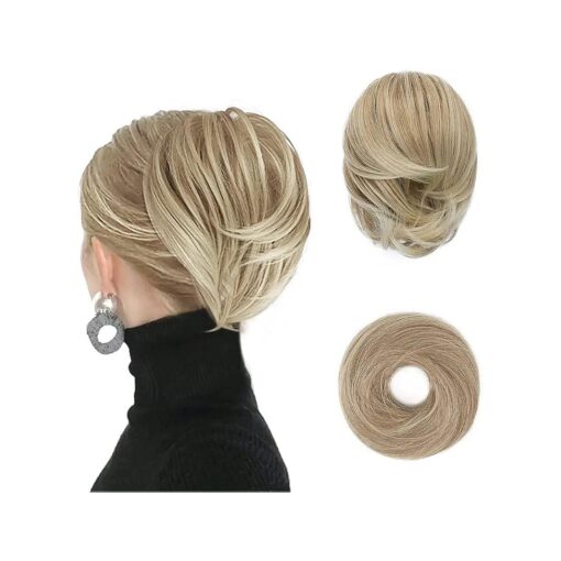 BARSDAR Hair Bun Ponytail Extension, Straight Synthetic Hairpiece Fully Short Ponytail Bun Extensions Hair Accessories Elastic Easy Scrunchie for Women ( Light Ash Blonde mix Bleach Blonde )