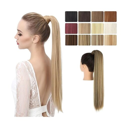 SARLA Straight Ponytail Hair Extension Highlights Wrap Around Long 24 Inch Synthetic Hairpiece for Women