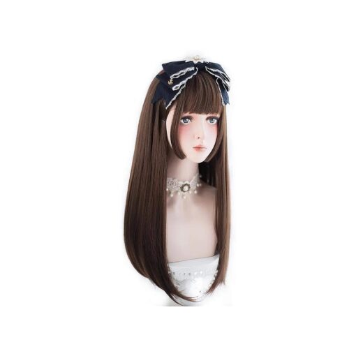 aiyaya Lolita Cosplay Wig with Bangs - Straight Synthetic Wig For Women Cosplay Costume, Natural Hair Lolita Wig with Wig Cap ( Brown ( long wig ) )