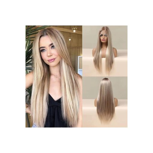 HAIRCUBE Highlights Blonde Lace Front Wig Long Straight Synthetic Wig Natural Hairline Blonde Wigs for Women