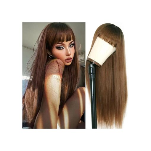 Hair Ombre Light Brown Long Straight Wigs With Bangs Synthetic Wigs With Black Roots Cosplay Costume Wigs Heat Resistant Fiber Full Machine Made Party Daily Wig # 30 Color wigs for black women