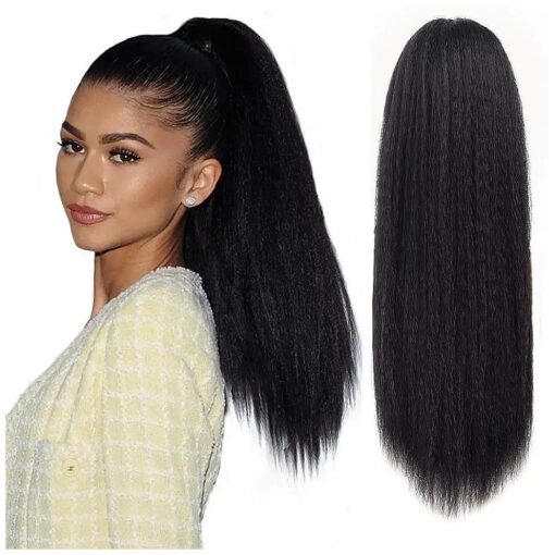 Long Straight Drawstring Ponytail for Black Women, Yaki Straight Hair 24 Inch Synthetic Pony Tail Clip in Ponytail Hair Extensions Fluffy Black Yaki Hairpiece for Daily