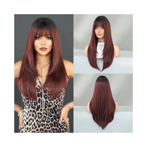 Long Straight Wine Red Wig with Bangs 26 Inch Burgundy Layered Wig Dark Rooted Natural Looking Maroon Dark Red Hair Heat Resistant Synthetic Wigs for Women Daily Party Use