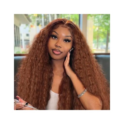 Long Auburn Kinky Curly Wigs For Women Copper Brown Kinky Straight Hair Wig Synthetic Middle Part Yaki Straight Wigs 26 Inches Glueless Heat Resistant Synthetic Full Wigs ( 26Inch, 350 )