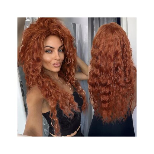 GNIMEGIL Long Wavy Ginger Red Hair Wig Soft Synthetic Curly Costume Wig with Ombre Fluffy Waves Free Part Hairline Natural Copper Tones Wig Ideal for Halloween Cosplay and Drag Queen