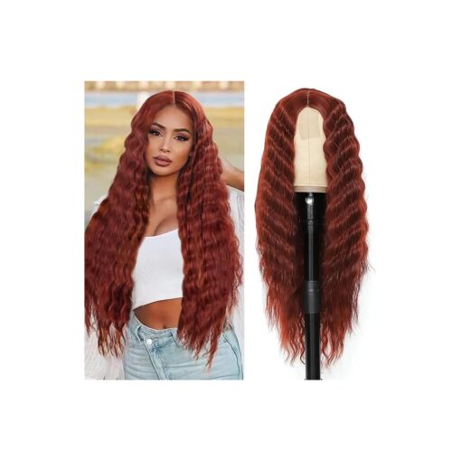 30inch Curly Wig Long Synthetic Wigs for Black Women Ginger Red Deep Wave Synthetic Curly Wig Lace Front with 4" Simulated Scalp Natural Crimps Curls Hair Replacement Wig,350 #