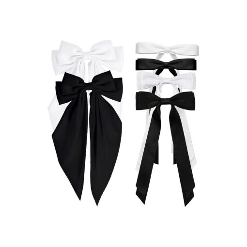 6pcs Hair Bows for Women Adults Girls, Hair Bows Clips Hair Ribbon Tassel with Long Tail, Cute Hair Accessories Silky Satin Barrettes Ponytail Holder Bow ( Black & White, 3 Size )