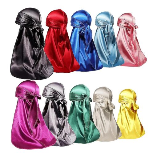 ForceWave 10 Pieces Silky Durags Long Tail for Women Men Satin Durag 360 Wave, Dorag, 10 Colors