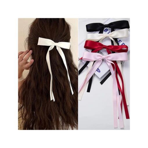 4 PCS Ribbon Hair Clips Bowknot With Long Tail, Bow Hair Clips, Hair Clips for Women with Bowknot Clips, Hair Bows for Women Ribbon for Hair Barrettes Bow clips ( Black, Cream White, Pink, Wine Red )