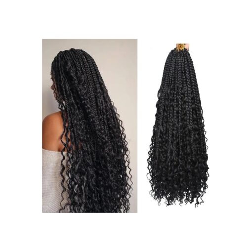 COOKOO 22 Inch Goddess Box Braids Crochet Hair for Women 8 Packs Synthetic Hippie Pre Looped Bohemian Boho Box Braids With Curly Ends Twist Braiding Hair 1B #