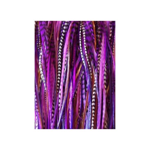 NEW 7" -11" Feather Hair Extension Long Thin Dark Purple, Violet, Black & Grizzly Featehrs ( 5 Feathers Bonded At the Tip )