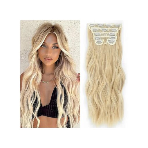 Clip in Synthetic Hair Extensions 20Inch 6PCS Clip Ins Long Wavy Fiber Thick Hairpieces Natural Hair Extension full Head for Women ( 230G, Blonde )