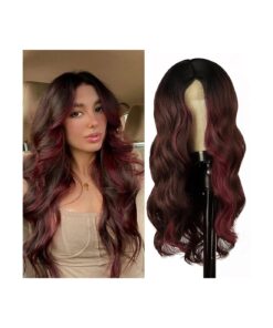 WECAN Red Wig for Women Long Ombre Burgundy Wavy Wig Middle Part with Dark Root Synthetic Hair Curly Wave Wig Natural Looking Heat Resistant Fiber Wig for Daily Party Use