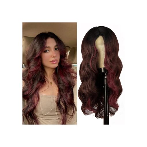 WECAN Red Wig for Women Long Ombre Burgundy Wavy Wig Middle Part with Dark Root Synthetic Hair Curly Wave Wig Natural Looking Heat Resistant Fiber Wig for Daily Party Use