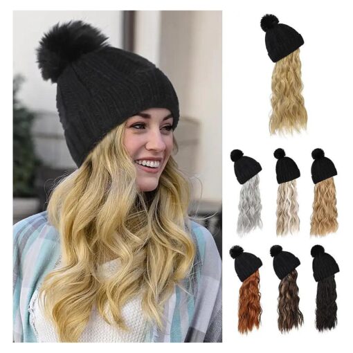 Flufymooz Beanie Wig, Hat Hair Extension Long Wavy Curly Black Hat Wig with Faux Fur Pom Hat, wig hat Attached 20 Inch Synthetic Hairpiece for Women Girls Winter ( Golden Blonde with Highlight )