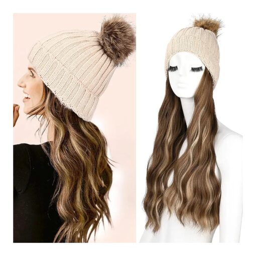 HOOJIH Hat Wig, Hat with Hair Attached Long Wavy Curly White Knitted Beanie Hat Wig with Faux Fur Pom Hat Attached Synthetic Hairpiece for Women - Light Brown with Medium Golden Blonde Highlights