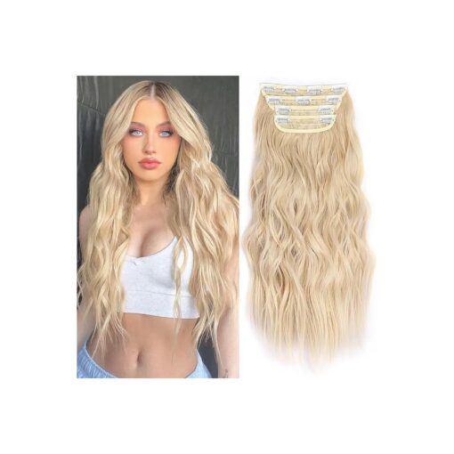 ALXNAN Clip in Hair Extension, Long Wavy Blonde Hair Extensions, 20 Inch 4PCS Thick Hairpieces Fiber Double Weft Hair for Women