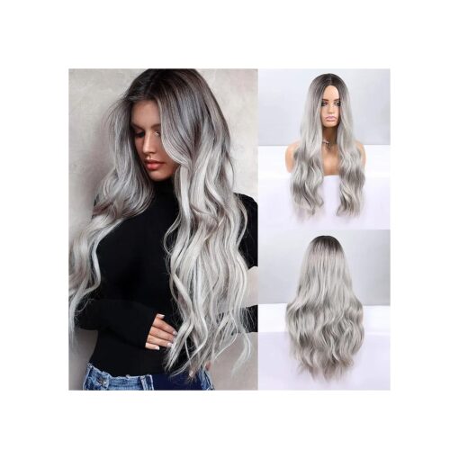 HANYUDIE Grey Wig Long Wavy Wig for Women Middle Part Silver Wigs Synthetic Heat Resistant Party Wigs Natural looking ( Grey )