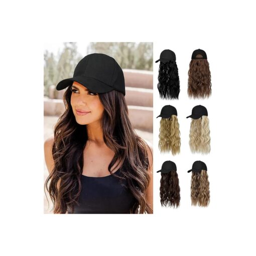 Hat Wig for Women Baseball Cap with Hair Extensions Adjustable Hat Attached 24" Long Wavy Hairpieces Synthetic Wig Medium Brown