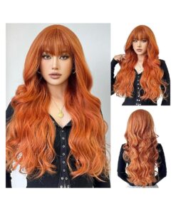 Long Wavy Orange Wigs With Bangs for Women Natural Synthetic Hair Heat Resistant Wigs for Daily Party Cosplay Wear-28 Inches