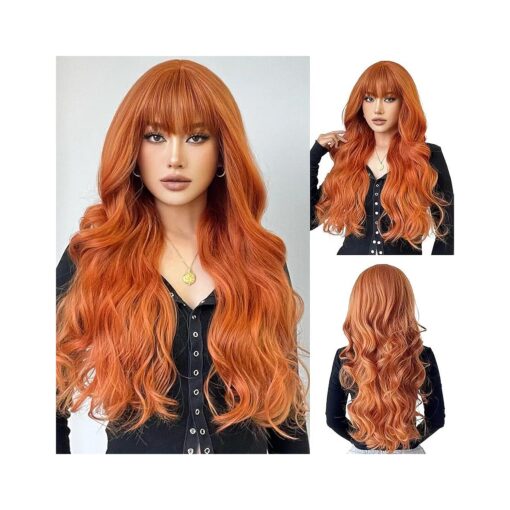 Long Wavy Orange Wigs With Bangs for Women Natural Synthetic Hair Heat Resistant Wigs for Daily Party Cosplay Wear-28 Inches