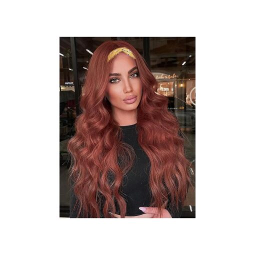 Long Wavy Headband Wigs for White Women, Gluless Wear and Go Half WIg, Natural Looking Synthetic Wig with Headband Attached Heat Resistant ( Auburn )