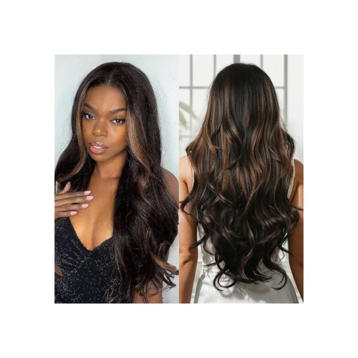 Allbell Long Wavy Wigs for Women Middle Part Black Mixed Brown Body Wave Synthetic Wig Natural Looking Hair Replacement Wig for Daily Party Use