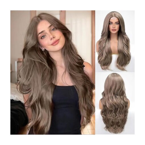 EMMOR Long Brown Mixed Silver Wavy Wig for Women Lace Front Wigs Natural Looking 26 Inch Middle Part Curly Wig Heat Resistant Synthetic Wigs for Daily Party Use