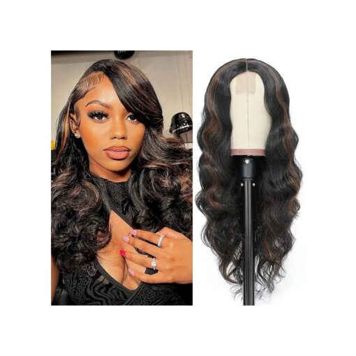 CLIONE Long Wavy Hightlight Wigs for Women 24 inch Body Wave Synthetic Lace Front Wigs Middle Part Black Mixed Brown Highlights Wig Natural Looking Hair Replacement Wigs for Daily Party Use H1B/30