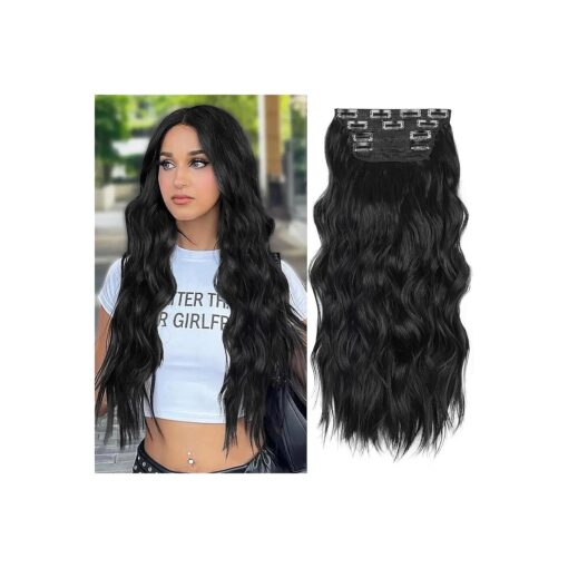 ALXNAN Clip in Long Wavy Synthetic Hair Extension 24 Inch Black 4PCS Thick Hairpieces Fiber Double Weft Hair for Women