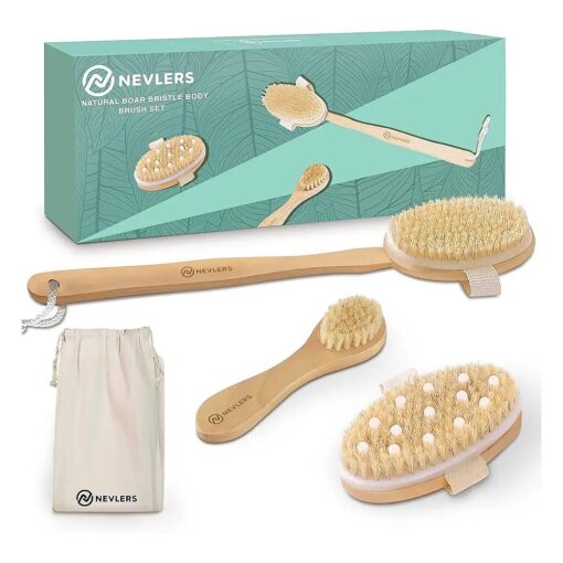 Natural Boar Body Brush Set with Detachable Cellulite Brush, Long Wooden Handle for Dry Brushing and Face Brush | Perfect Kit to Exfoliate and Alleviate