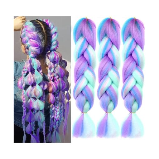 Kanekalon Ombre 4 Colors Mix Braiding Hair 3pcs Extensions Jumbo Hair Rainbow Color Colorful Twist Braid wigs Dreadlocks ( Pink/Purple/Green/Blue/Light Cyan ) ( Lot 24Inch )