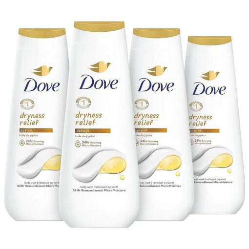 Dove Body Wash Dryness Relief Jojoba Oil 4 Count for Renewed, Healthy-Looking Skin Gentle Skin Cleanser with 24hr Renewing MicroMoisture 20 oz