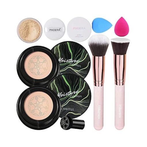 Mushroom Head Air Cushion CC Cream Natural Foundation, Phoera Powder, Bright Makeup Base Long Lasting with Makeup Sponge and Flat Top Kabuki Foundation Brush ( # 02 Natural )