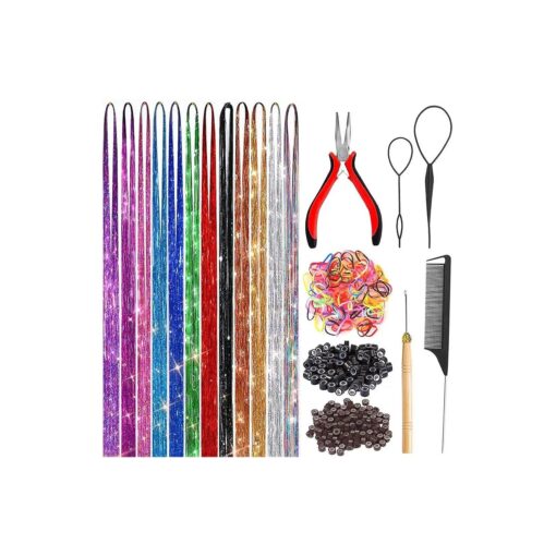 Fairy Hair Tinsel Kit with Tools 48 Inch Heat Resistant Safe 12 Colors Glitter Tinsel Hair Extensions 3200 strands ( 12 Colors, 3200 Strands )