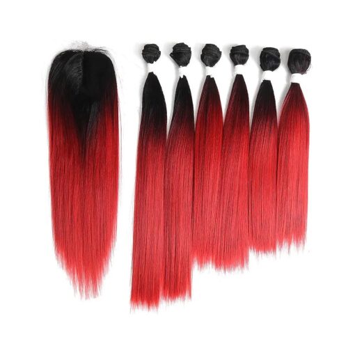 Synthetic Hair Bundles with Closure Ombre Red Yaki Straight Weft Weave for Women Sew In Hair Bundles Swiss Lace Closure Synthetic Hair Extension Heat Resistant Fiber