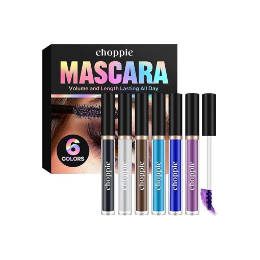 Choppie Multicoloured Waterproof Mascara For Lashes ( 6 Colors ), White, Black, Brown, Ocean Blue, Dark Blue And Purple With Lash Comb Brush - Lengthening, Volumising, Long Lasting, Natural Eye Make-up