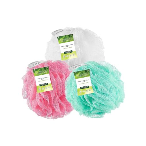 EcoTools Exfoliating EcoPouf Bath Sponge, Deep Cleansing Body Loofah, Removes Dirt & Impurities, Reveals Soft, Smooth Skin, Bath & Shower Pouf for Men & Women, Assorted Colors, 3 Count