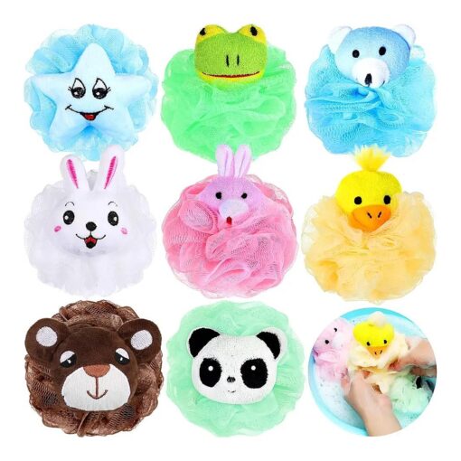 Boao 8 Pieces Bath Loofahs Animal Kids Bath Sponges Pouf Mesh Animal Toy Loofah Bath Colorful Cartoon Body Scrubber Balls Shower Mesh for Boys Girls Adults