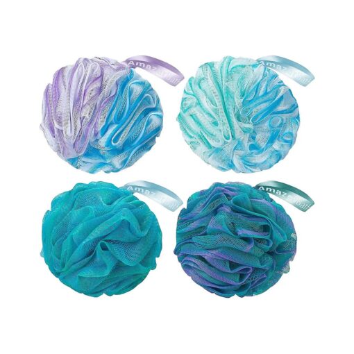 AmazerBath Loofah Sponge 60g/Piece, Exfoliating Bath Sponge Body Scrubber - Loofa Set of 4 Flower Color ( Green-Purple )