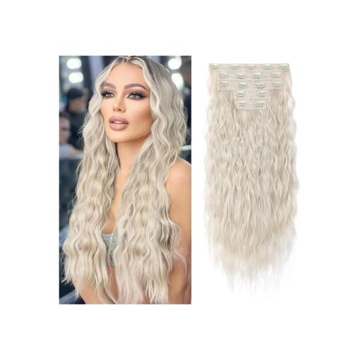 Hair Extensions, REECHO Blonde Clip in Hair Extensions 24" Thick Long Loose Waves hair extensions HE002 Invisible Lace Weft Natural Soft Hairpieces for Women - Platinum Blonde