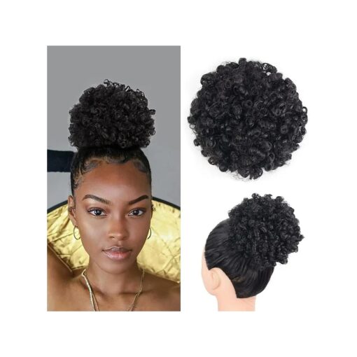 Yinmei Baibian Curly Wavy Afro Puff Drawstring Ponytail Hair Extension for Black Women Loose Wave Short Mini Afro Puff Hairpieces for Girls Kids ( 1B # )