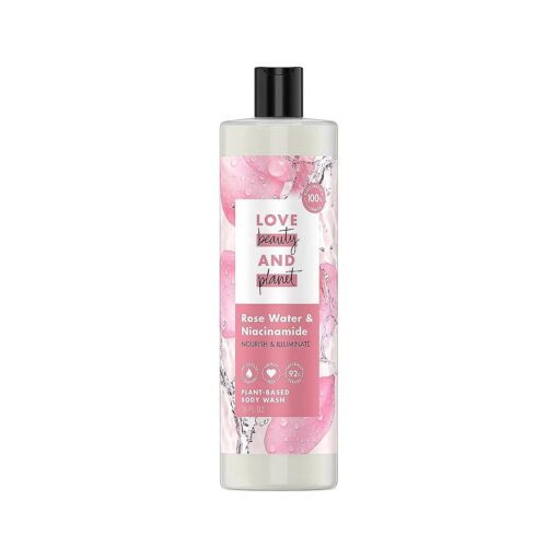 Love Beauty And Planet Plant-Based Body Wash Nourish and Illuminate Skin Rose Water and Niacinamide Made with Plant-Based Cleansers and Skin Care Ingredients, 100 % Biodegradable 20 fl oz