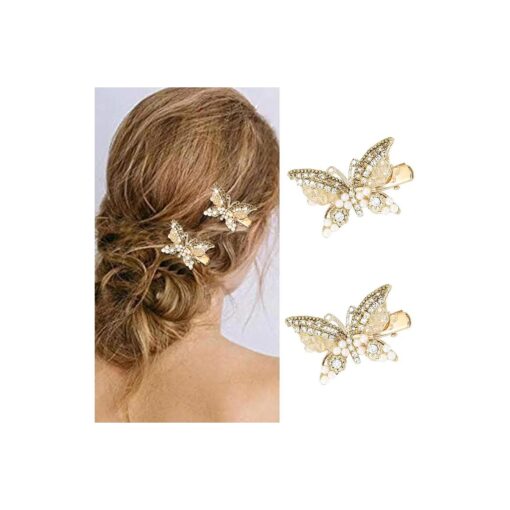 Bartosi Rhinestone Butterfly Hair Accessories Gold Crystal Decorative Alligator Hair Clips Pearl Pins ( Pack of 2 )